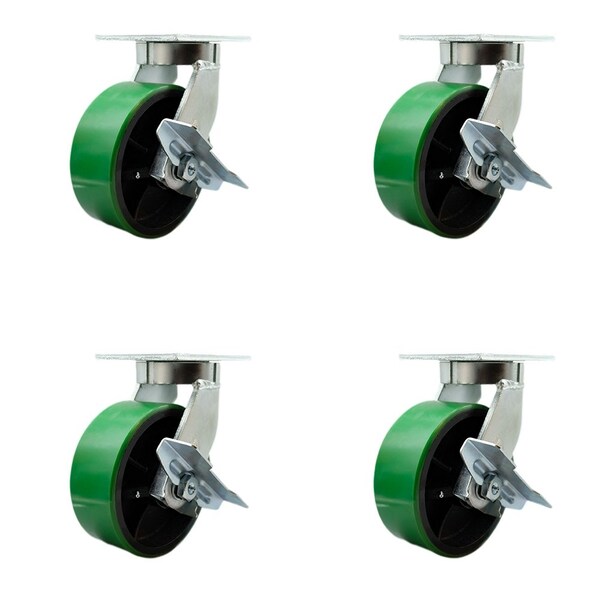 Service Caster 8'' Heavy Duty Green Poly on Cast Iron Swivel Caster Set with Brakes, 4PK CRAN-SCC-KP92S830-PUR-GB-SLB-4 - main